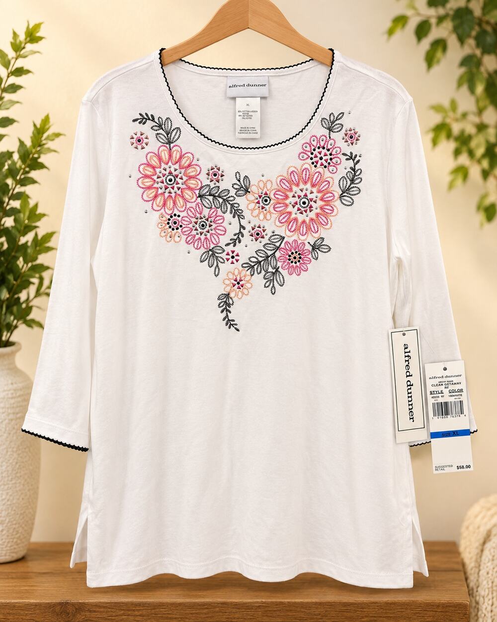 NWT Alfred Dunner Lot of 2 Women’s XL Embroidered Ivory Tops Short & 3/4 Sleeve
